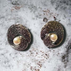 Vintage Faux Pearl Sterling Silver Earrings Studded Back Intricate Design